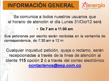 Horario Atención 31 de Diciembre de 2012